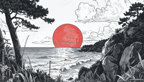 Japanese Sunset Over the Sea with Red Sun