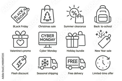 Black friday and holiday sale icons featuring discount and promotion symbols