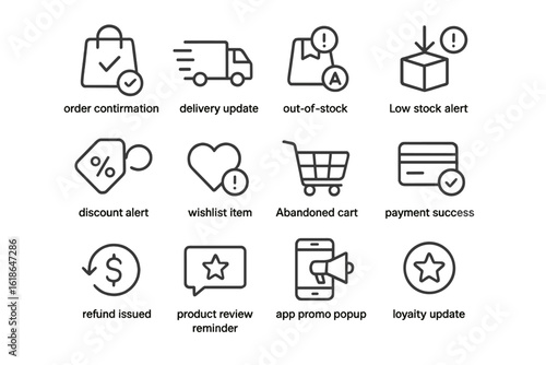 E-commerce notifications icons: delivery, stock alerts, wishlist, payment success