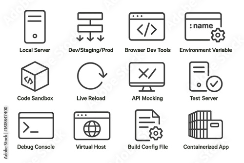 Web development tools icons: servers, debugging, testing, environment variables
