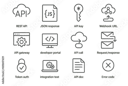 Api development icons: integration, json, key, webhook, cloud