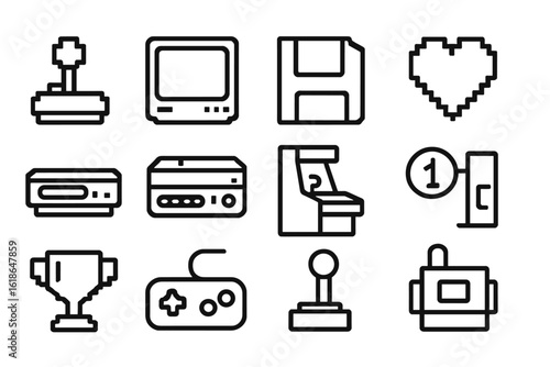 Retro gaming icons: joystick, monitor, floppy disk, heart, arcade, controller