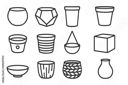 Various plant pots and planters outline on textured gray background