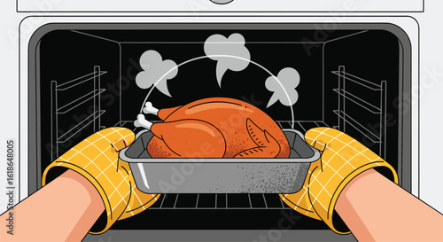 Roasting a perfectly golden brown turkey in a hot oven with steaming heat waves above