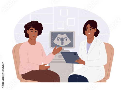 Gynecologist consultation. Female doctor and patient reviewing data on a tablet, discussing diagnosis, treatment, and test results. Concept for women s healthcare and medical consultation.