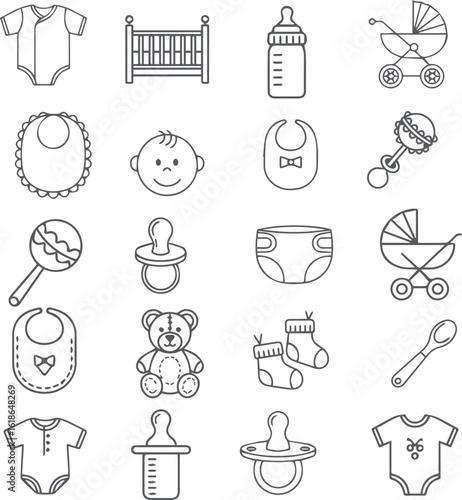 Baby Accessories Line Icons – Bottles, Pacifier, Bib, Toys Vector Set



