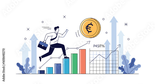Successful businessman ascending stairs towards financial growth and european currency symbol