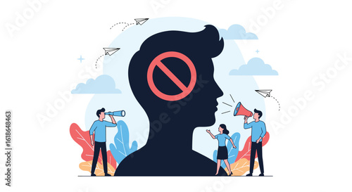 Illustrating the concept of silencing individuals or restricting freedom of speech and expression through symbolic representation and societal observation