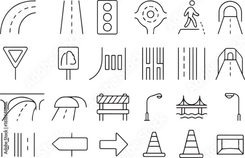 Road Line Icons Set – Editable Stroke Vector Illustrations of Streets, Traffic, Driving, Navigation, and Road Signs