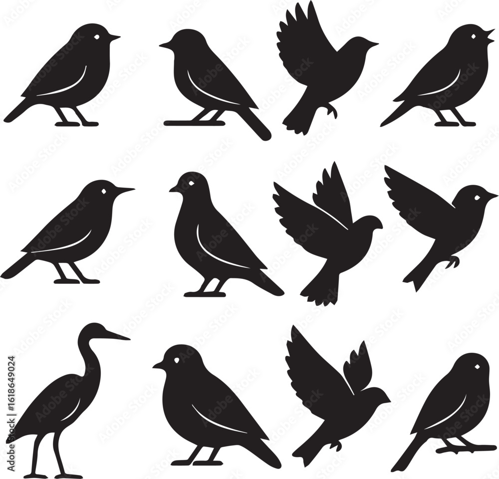 Fototapeta premium Cute birds set silhouette vector collection