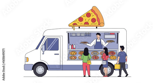 Delicious food truck serving hot pizza to hungry customers on a sunny day