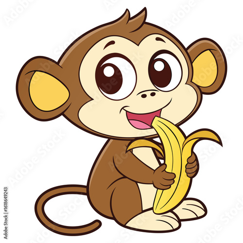 Happy cartoon monkey eating banana on white background