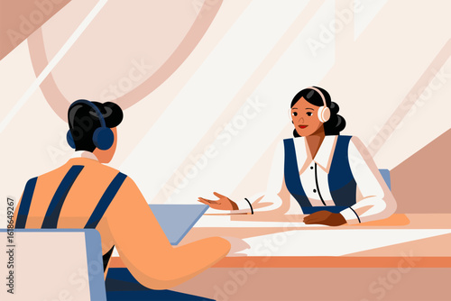 Para profesjonalistów omawia strategię biznesową w nowoczesnym biurze. Ilustracja symbolizująca współpracę, doradztwo i partnerstwo.