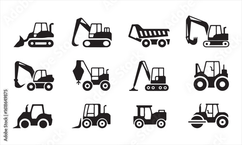Construction Equipment and Machinery Icon Set in Vector Style on White Background