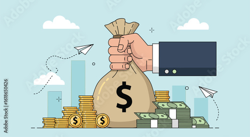 Hand holding a money bag with stacks of coins and banknotes surrounded by abstract financial growth symbols representing wealth and investment success
