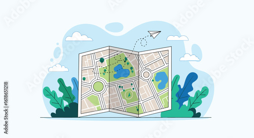 Exploring the urban landscape with a detailed city map and beautiful natural scenery providing a pleasant travel experience