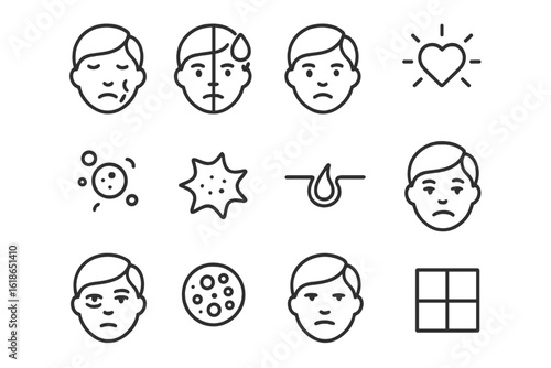 Facial skin conditions icons: acne, dryness, sensitivity, happiness symbols