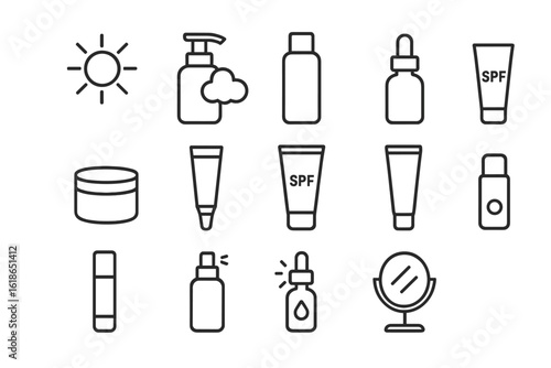 Skincare products icons: sunscreen, lotion, serum, spf, moisturizer
