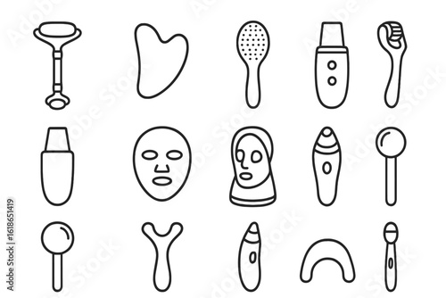 Skincare tools outline set on black background for beauty routine
