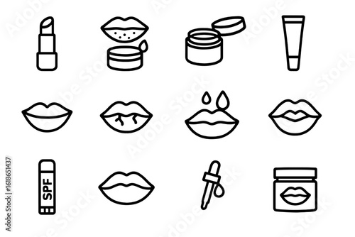 Lip care icons set featuring various cosmetics and treatment symbols