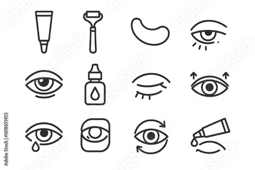Eye care icons set: cream, roller, drops, puffy eyes, dark circles, anti-aging