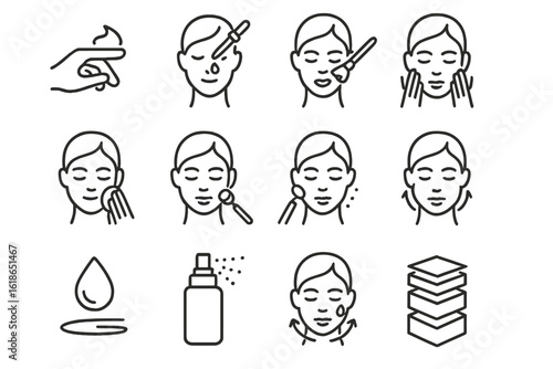 Skincare routine icons illustrating facial treatment steps and beauty tools