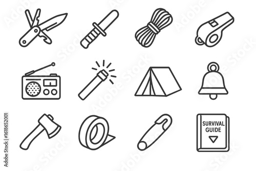 Essential survival tools: knife, rope, whistle, radio, flashlight, tent, more