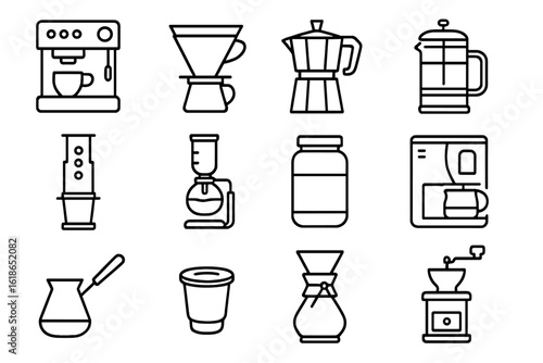 Various coffee brewing equipment icons on gray background