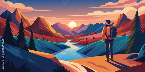 Adventurous hiker gazing at the breathtaking mountain landscape during a beautiful sunset