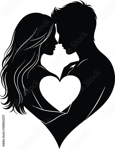 Silhouette of a loving couple embracing with a heart shape symbolizing love and romance