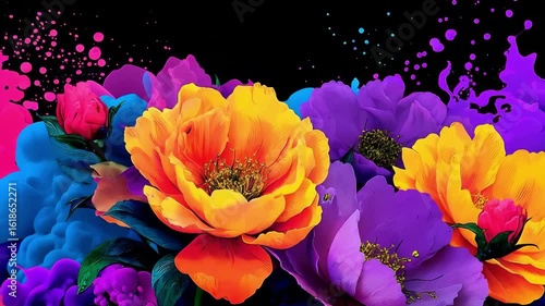 Vibrant floral illustration featuring colorful peonies and abstract splashes of paint, creating a lively and artistic composition with a dark background for visual impact