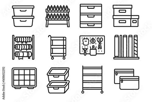 Home storage solutions: organizers, bins, shelving, and containers illustration