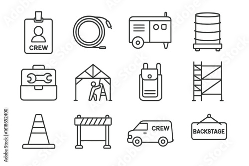 Event setup icons: equipment, crew, and backstage access elements
