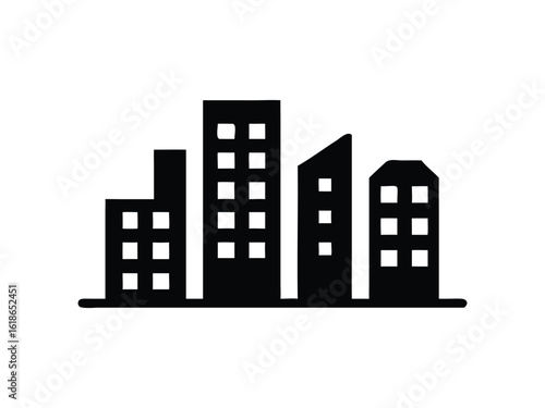Simple silhouette of modern city buildings and skyscrapers against a white background