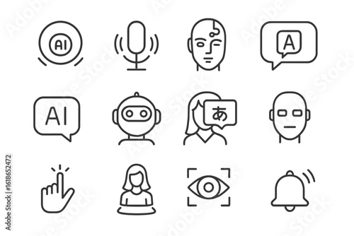 Ai and communication icon set depicting human-technology interaction concepts