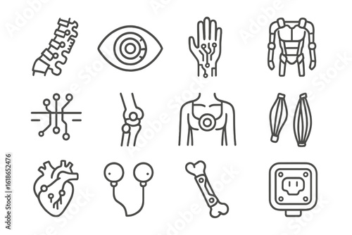 Futuristic bionic implants and cybernetic enhancements concept icons
