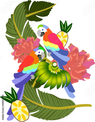 TROPICAL PRINT WITH MACAWS, BANANAS AND FLOWERS