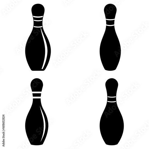 Four black bowling pins arranged in a square formation on a white background in a simple vector style