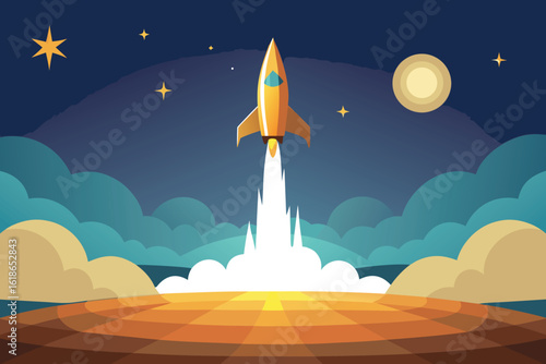  a powerful rocket blasts off into the starry night sky, leaving a trail of smoke and fire as it embarks on its cosmic journey of exploration and discovery vector illustration