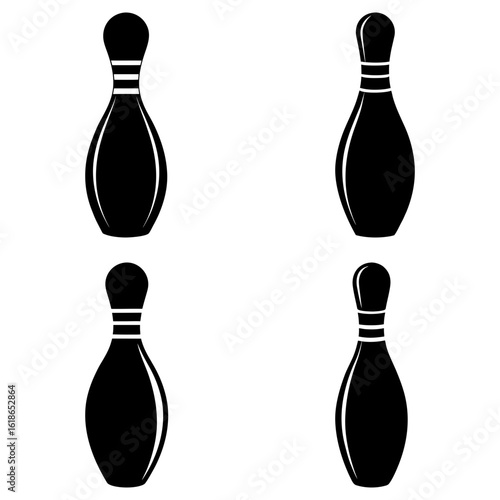 Four bowling pins arranged in a square formation with black fill and white striped neck detail shown