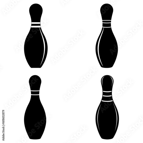 Four bowling pins in black and white with striped necks arranged in a rectangular pattern on white