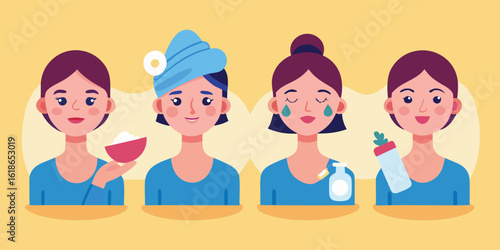 Illustrated stages of a woman's skincare routine beauty treatment with products