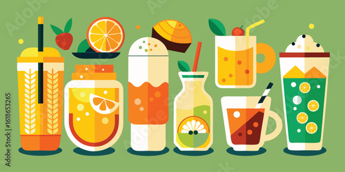 Various refreshing fruity drinks in stylish flat design with vibrant colors