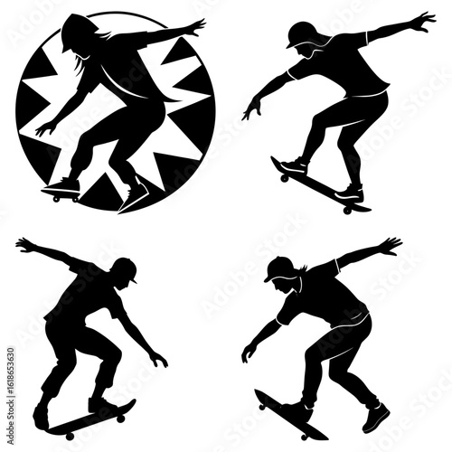 Silhouette illustrations of skateboarders performing tricks in various poses and a circular design element