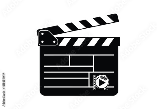 Vector illustration of black and white illustration of a film clapboard, a classic tool used in movie production to mark scenes and signal the start of recording, isolated on white background