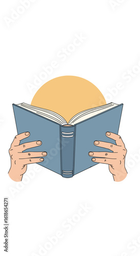 Discovering new worlds through the pages of an open book held gently by two hands under the warm glow of the sun