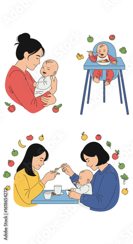 Diverse parents nurturing infants through early childhood mealtime development and nourishment