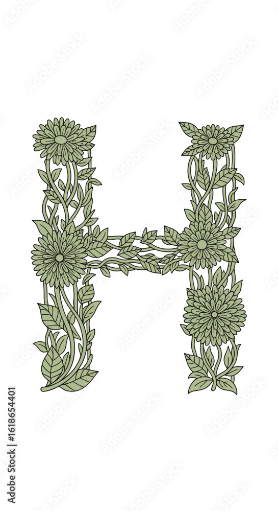 Fototapeta premium Elegant botanical letter h formed by lush green leaves and vine growing on a trellis structure detailed natural abundance in visual design