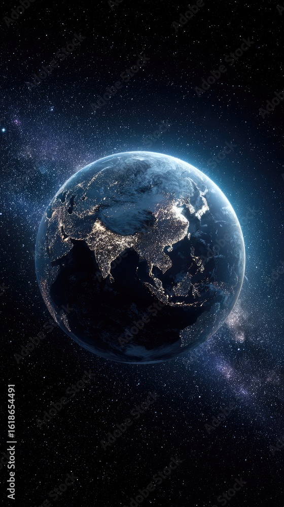 Obraz premium Night view of Earth from space, showcasing Asia's city lights against a dark backdrop of stars and the Milky Way