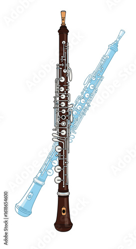 Detailed illustration of a dark brown wooden double reed woodwind musical instrument with many silver keys and a faint blue outline of a similar instrument showing its form